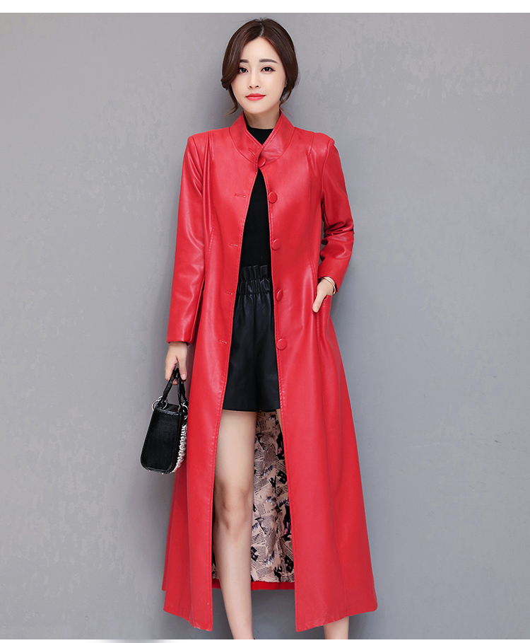 Xuân 2018 mới Hained Châu Âu áo khoác da nữ dài qua áo gió bằng da đầu gối Áo khoác da mỏng mỏng thủy triều áo da lót lông cừu