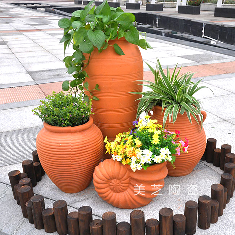 Large Conch-Shaped Flower Pots for Villa Yard Landscaping Decorations, Flower Bed Ornaments, Red Clay Pots, Red Pottery Flower Pot Sets