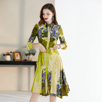 Yinuo Time Spring and Autumn Printed Lapel Gentle Dress Fairy Super Fairy Sen French Green Skirt 1593