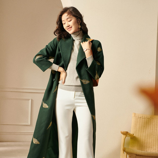 Yinuo Embroidered Lapel Wool Coat Autumn Thickened Green Waist Bathrobe Style Over-the-Knee Wool Coat 2257