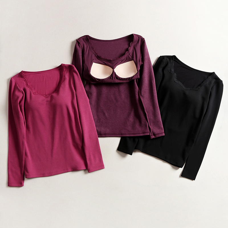 Bra with chest cushion Long sleeves T-shirt Fever Coat Woman Autumn Winter Plus Suede Thickened Blouse Free bra uphols-up sweatshirt
