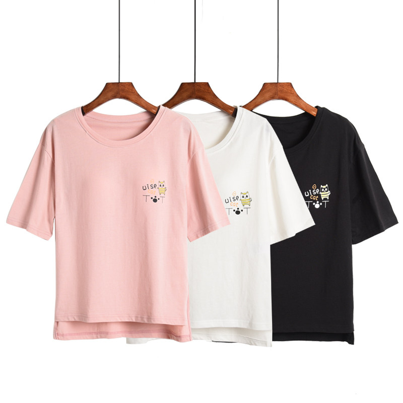 With chest cushion short sleeve T-shirt female summer loose section Korean version long version pure cotton half sleeve shirt large size for outside wearing
