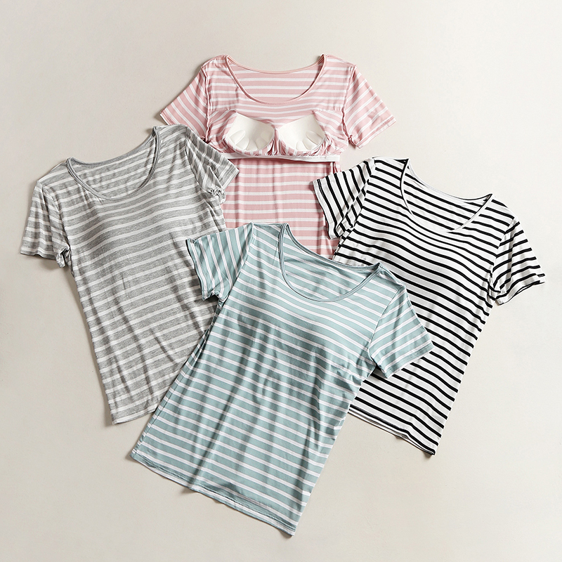 Short-sleeved T-shirt with chest pad Women's summer bra cup one-piece base shirt Modal loose homewear pajama top