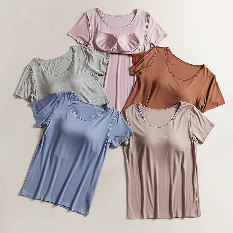Short-sleeved T-shirt with chest pad Women's summer bra cup one-piece half-sleeved bottoming shirt Modal home service pajama top