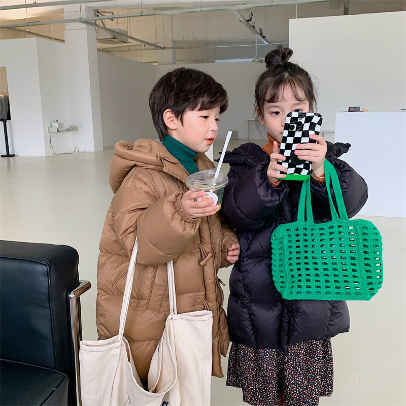 Boys' down jackets, winter clothes, girls' thickened loose medium-length down jackets, children's winter Western style horn button coats