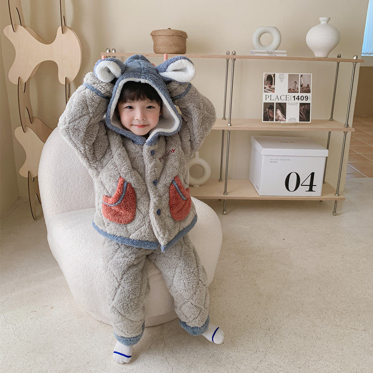 Boys pajamas winter clothes boys velvet cartoon flannel suit children thickened coral fleece warm home clothes winter
