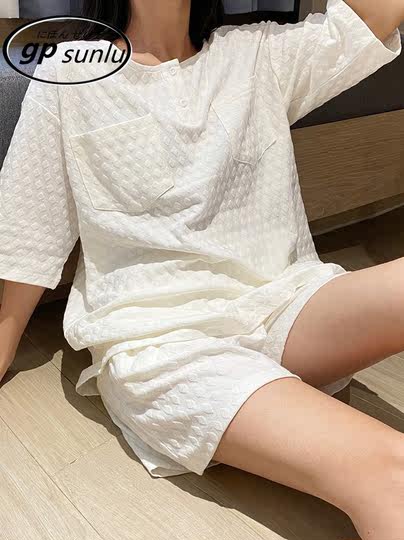 日本GP纯棉短袖睡衣女夏季2024年新款短裤套装圆领家居服可外穿女