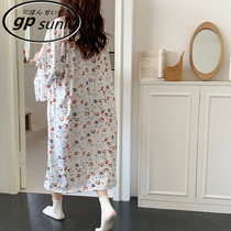 Japanese GP Cartoon Sleeping Dress Womens Summer 70% Sleeves Pure Cotton Thin ROUND COLLAR SLEEVE HEAD BIG CODE CRAYON SMALL NEW HOME CLOTHING