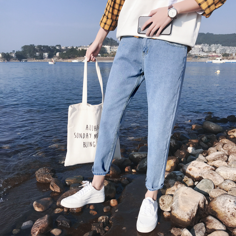 2021 Hong Kong style spring new straight jeans men's Korean loose bf Harajuku style student nine-point pants trend