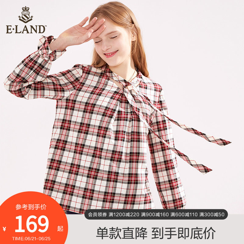 (Straight Down) ELAND CLOTHES LOVERS HAN EDITION ACADEMY WIND BUTTERFLY KNOT LOTUS LEAF LONG SLEEVE RETRO PLAID SHIRT BLOUSES WOMAN