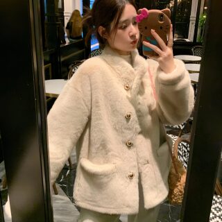 Korean style loose mink plush short stand collar jacket for women