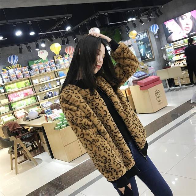 European station fashion women's leopard fur mid-length autumn and winter jacket rabbit plush young anti-season loose coat