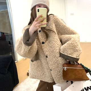 Korean style loose black brother's short lamb wool coat for women