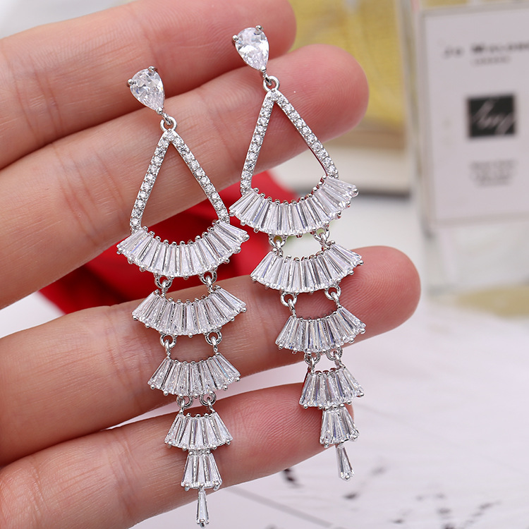 925 sterling silver stud earrings exaggerated long zircon super flash crystal earrings high-quality texture ear jewelry evening dress earrings