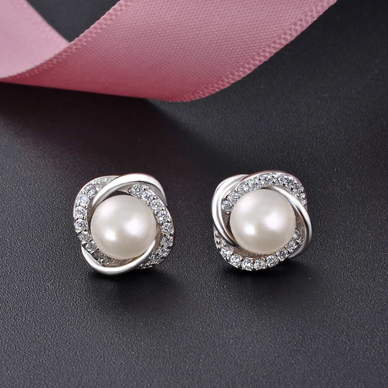 S925 silver diamond-studded silver freshwater pearl earrings women's sterling silver simple temperament silver jewelry mother's day middle-aged earrings