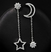 S925 pure silver earbuds asymmetrical AB earrings Long-ear pendant stars moon earbuds individuality Han style female silver earrings