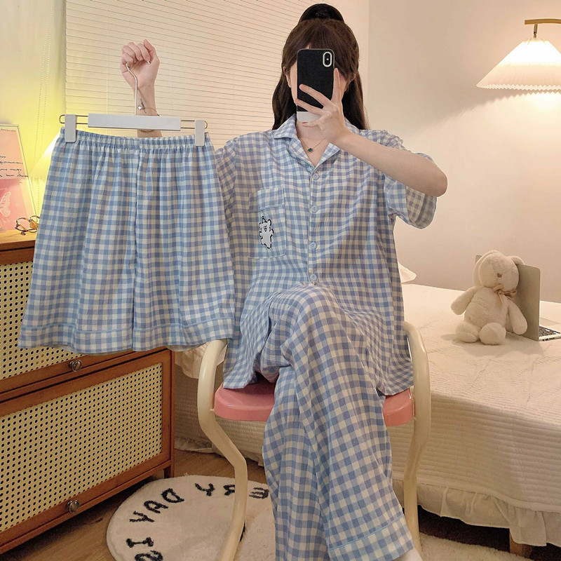 Three-Piece Pajama Set for Women, Summer Cotton Gauze Short-Sleeved Long Pants, Sweet Plus-Size Style for Chubby Girls, Trendy Plaid Loungewear Three-Piece Pajama Set for Women, Summer Cotton Gauze Short-Sleeved Long Pants, Sweet Plus-Size Style for Chubby Girls, Trendy Plaid Loungewear