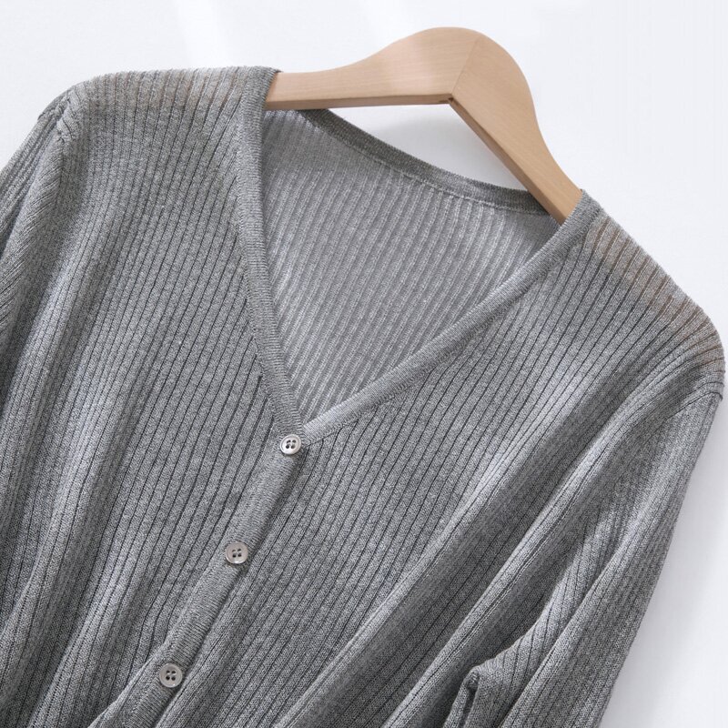 Ramie Sun Protection Clothing for Women, V-Neck Knitted Cardigan, Bamboo Linen Jacket, Summer Loose Ribbed Tencel Outerwear, Air Conditioning Shirt
