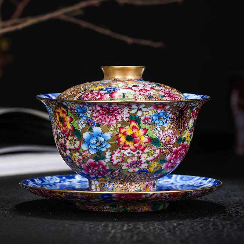 Jingdezhen Ceramic green flower Porcelain handmade hand-painted enamel color pink Wanhua cover Bowl Toast Tea Tea Tea Bowl Kongfu Tea Furniture