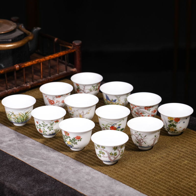 Jingdezhen Ceramic Handmade Tea Set, Multicolored Kangxi Twelve Flower Gods Cup, Kung Fu Tea Cup, Master Cup, Tasting Cup Jingdezhen Ceramic Handmade Tea Set, Multicolored Kangxi Twelve Flower Gods Cup, Kung Fu Tea Cup, Master Cup, Tasting Cup