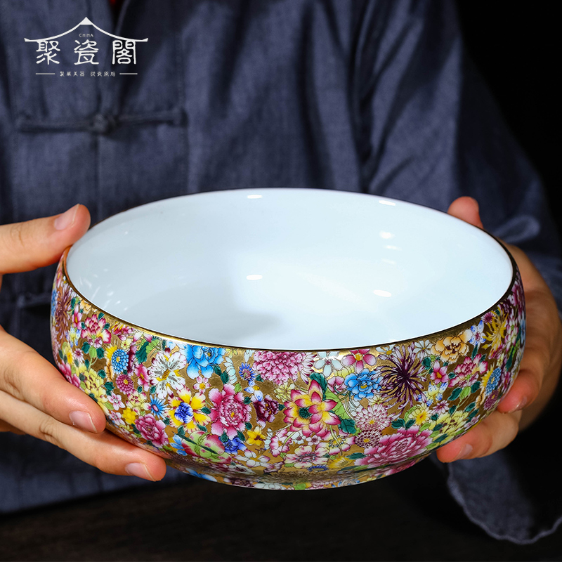 Jingdezhen ceramic handmade antique enamel colorful flower tea washing water bowl large washing tea sea kung fu tea set ornaments