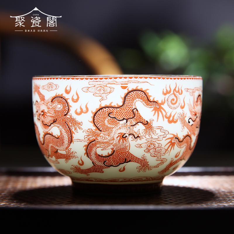 Jingdezhen antique imitation antique handmade alum red sketching gold five dragon textured tea drinking master's cup ceramic tea tea teacup cup press-hand cup