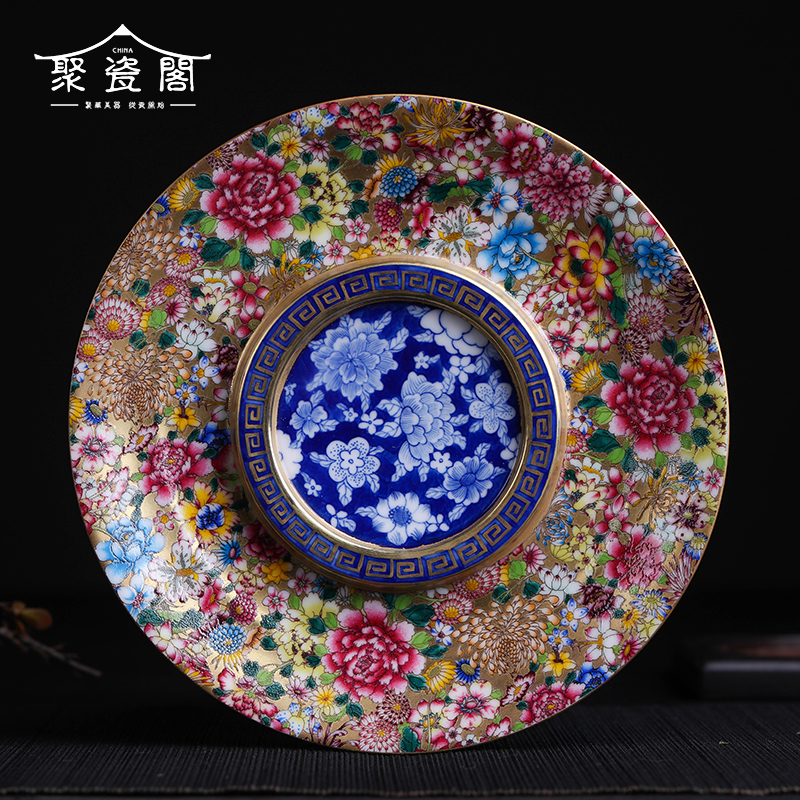 Jingdezhen ceramic tea tray handmade blue and white kaleidoscopic enamel color depiction gold pot bearing tea set accessories tea tray dry brew table