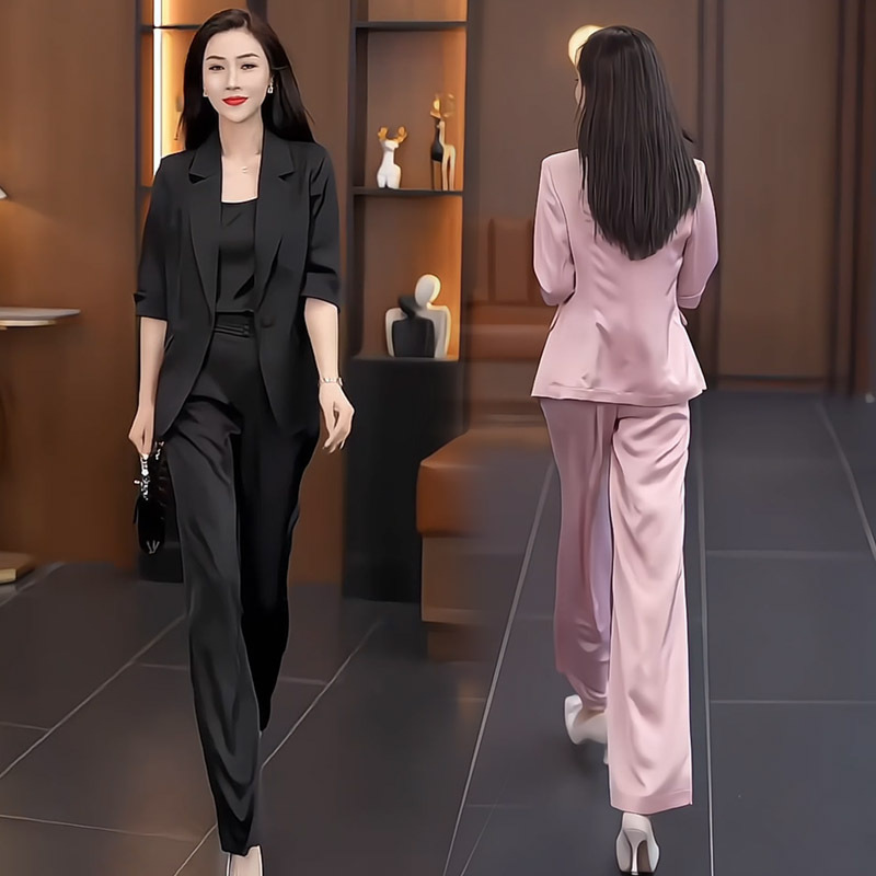 Ice Silk Satin Thin Professional Suit Set for Women, Summer 2026 New Short-Sleeved Blazer with Suspenders and Wide-Leg Pants Three-Piece Set