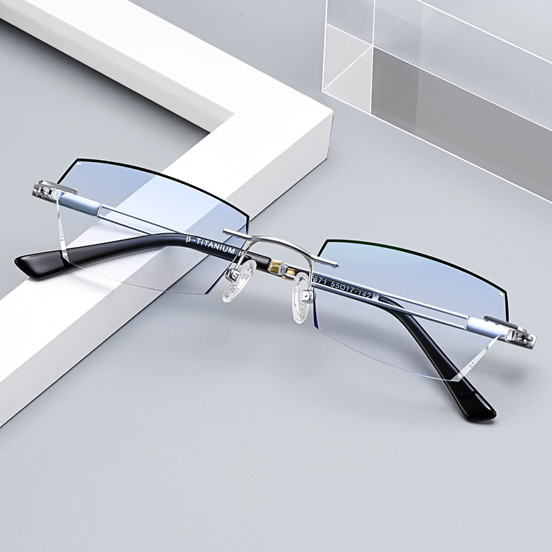 Pure titanium no screws, rimless myopia glasses men's diamond trimming, borderless eyes, color change, anti-blue finished product