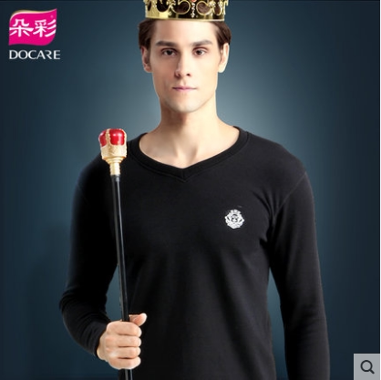 Duocai Men's Thermal Underwear V-neck Thickening Plus Velvet Youth Slim Cold-resistant Cotton Sweater Long Clothes and Long Trousers Set Winter