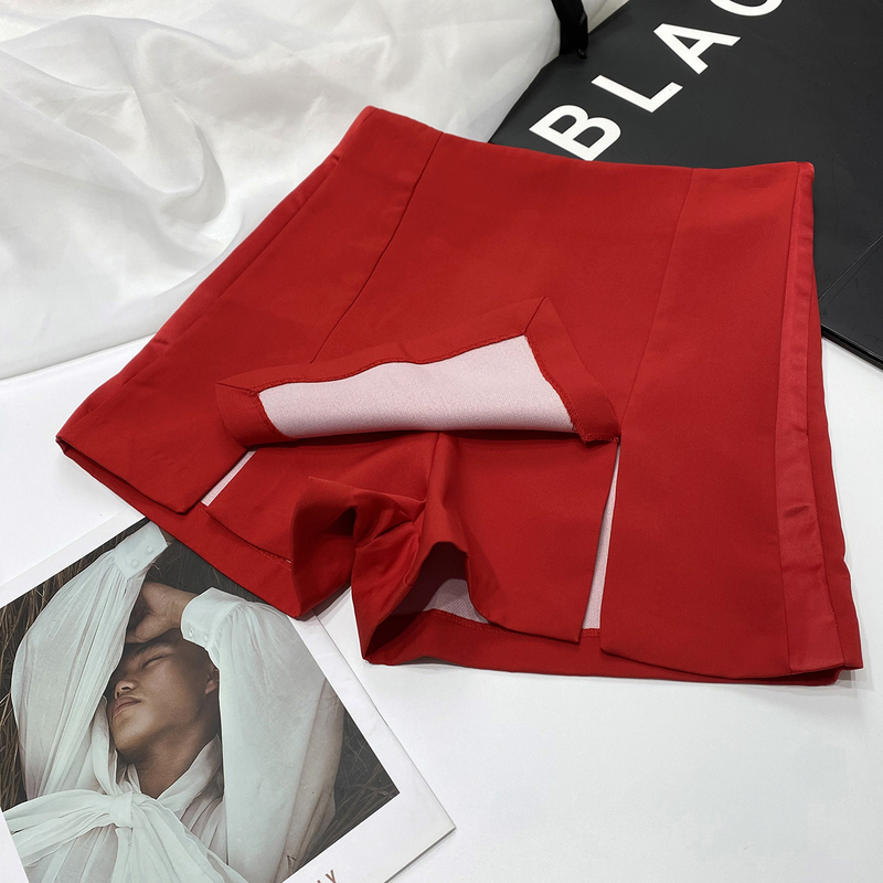 High Street Design Slit Silk Satin Patchwork Striped Skirt Pants Red High-Waisted Slimming Suit Shorts Casual Shorts for Women