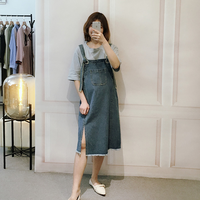 Váy bầu cho nữ mang bầu 2019 đầm xuân hè trong chiếc váy dài mới dễ thương rộng rãi chia cỡ phiên bản Hàn Quốc của váy denim - Áo thai sản áo ngực bầu