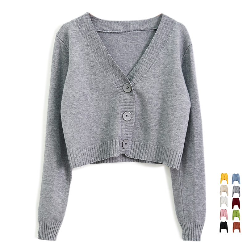 Retro Loose Short V Neck High-Waisted Pure Color Knitwear Small Outwear Autumn Long-Sleeved Knitwear Cardigan Women's Top