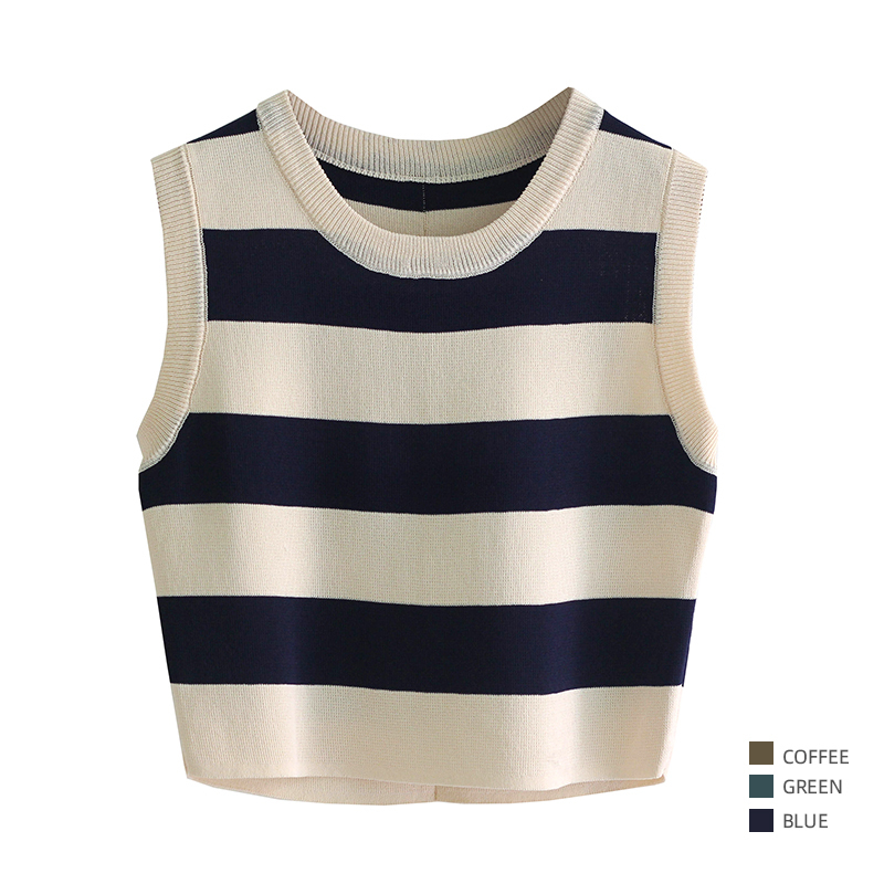 Vest Knit Top 2026 New Summer Short Round Neck Crop Top Sexy Striped Sleeveless Ice Silk Blouse for Women Trendy