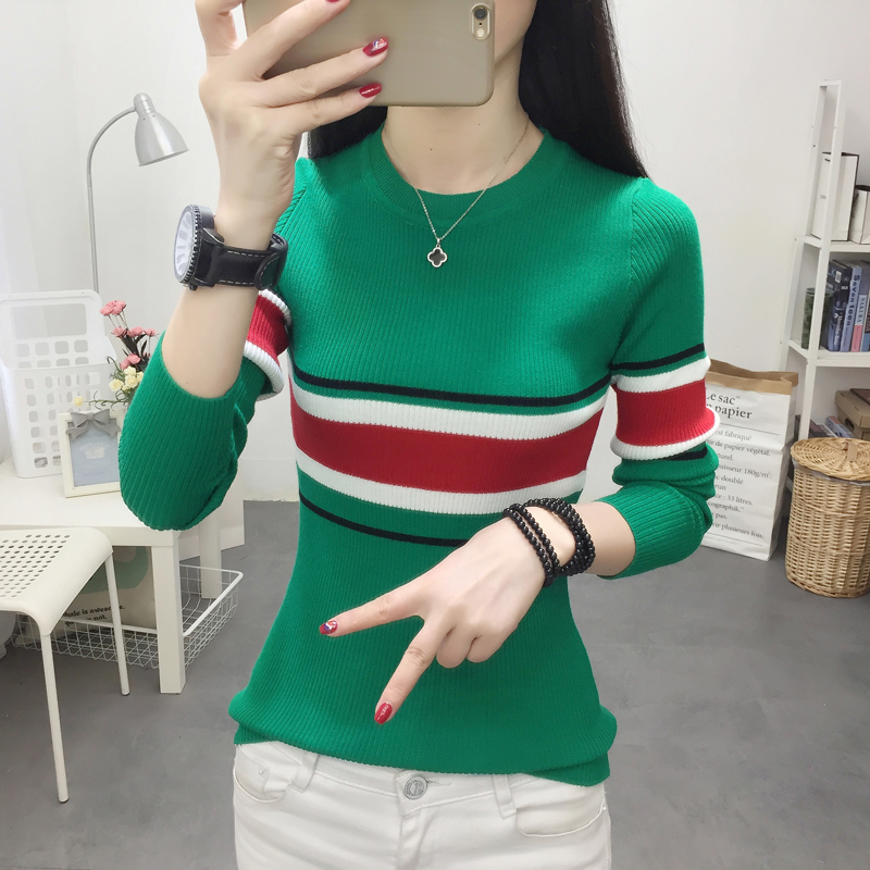 Áo len nữ mùa thu 2018 Mới dệt kim sọc cao cổ nữ tay áo dài mỏng mỏng mỏng ngắn áo len đáy áo cardigan