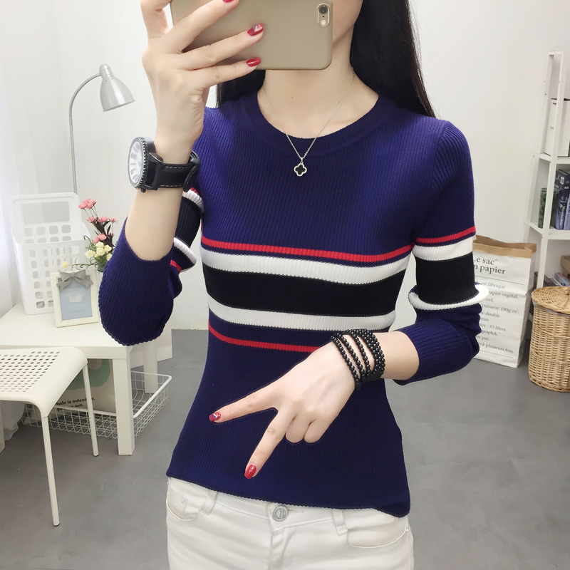Áo len nữ mùa thu 2018 Mới dệt kim sọc cao cổ nữ tay áo dài mỏng mỏng mỏng ngắn áo len đáy áo cardigan