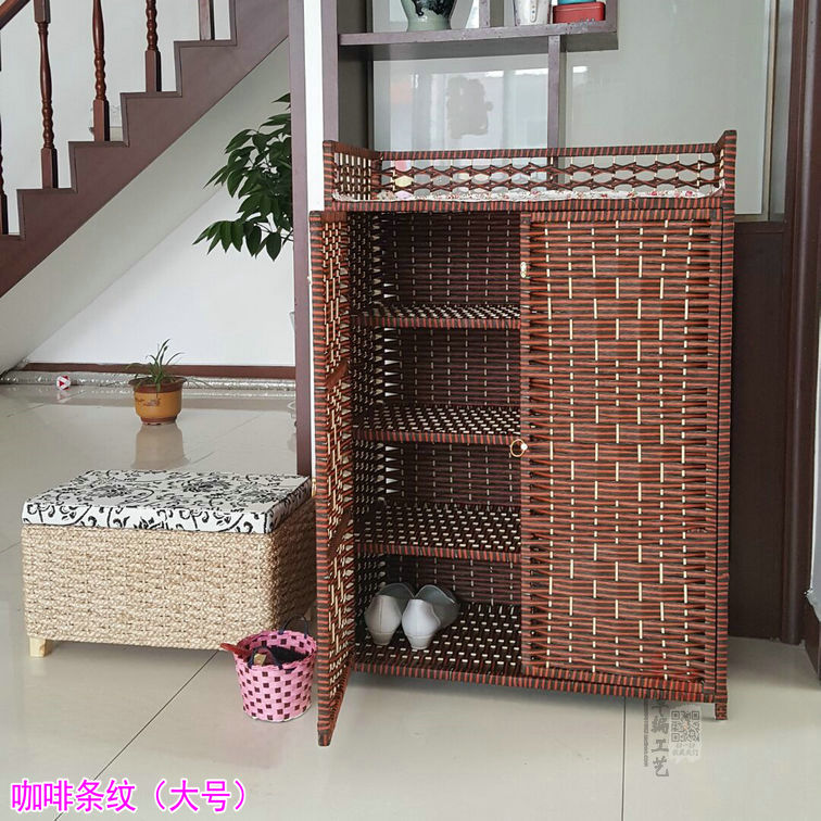 Simple entrance storage cabinet rattan large shoe cabinet multi-layer children's wardrobe storage cabinet Nordic style solid wood door