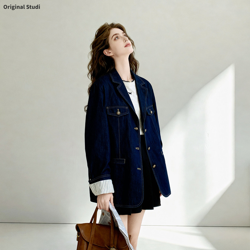 High-End and Elegant Denim Blazer for Women, 2026 Autumn New Mid-Length Hong Kong Style Retro Casual Suit High-End and Elegant Denim Blazer for Women, 2026 Autumn New Mid-Length Hong Kong Style Retro Casual Suit