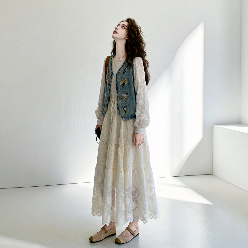 French-Style Embroidered Denim Vest Lace Dress Set for Women, 2026 Autumn New Popular Long Dress Two-Piece Set