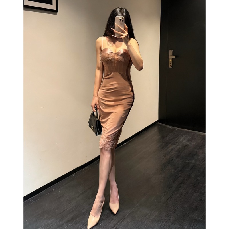 K5/F047【Yuan Yuan】Elegant Spaghetti Strap Tube Top Dress for Women, Fishbone Sexy Slim-Fit Formal Dress, Bodycon Skirt