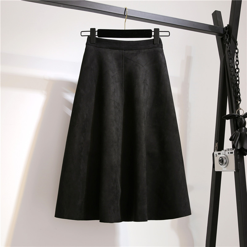 Deerskin cashmere váy mùa thu và mùa đông Hàn Quốc của khí chất eo cao trên đầu gối dài ô váy váy mùa đông màu rắn Một từ váy đu lớn chân váy chấm bi