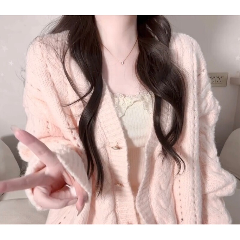 Gentle Style Pink V-Neck Knitted Cardigan for Women, New Autumn and Winter Style, Lazy Loose Sweet Sweater Coat Top