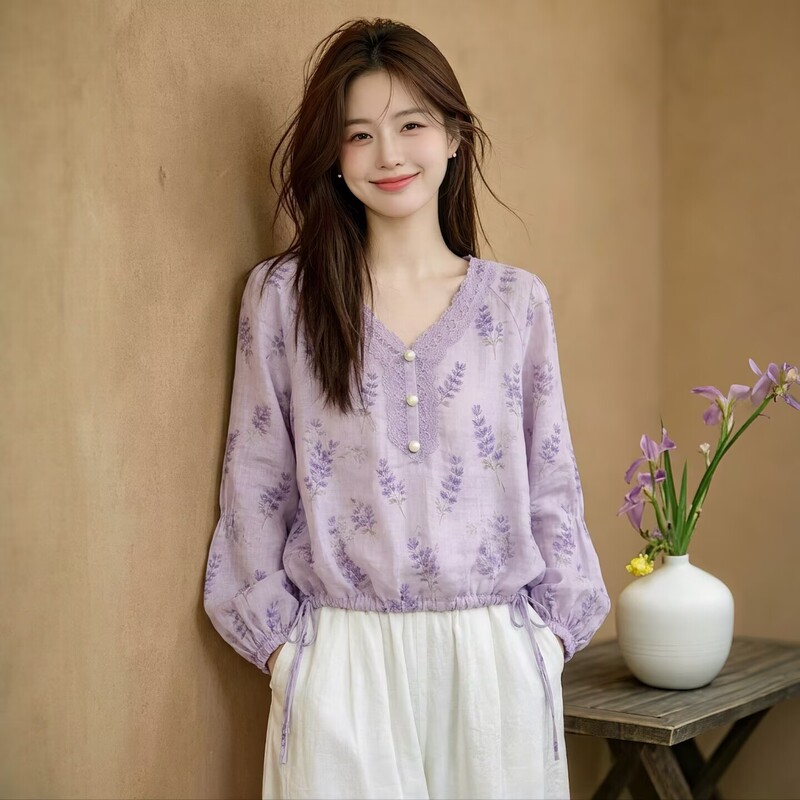 2026 Autumn New French Style V-Neck Lace Trim Long Sleeve Top Women's Purple Ruched Tie Design Shirt
