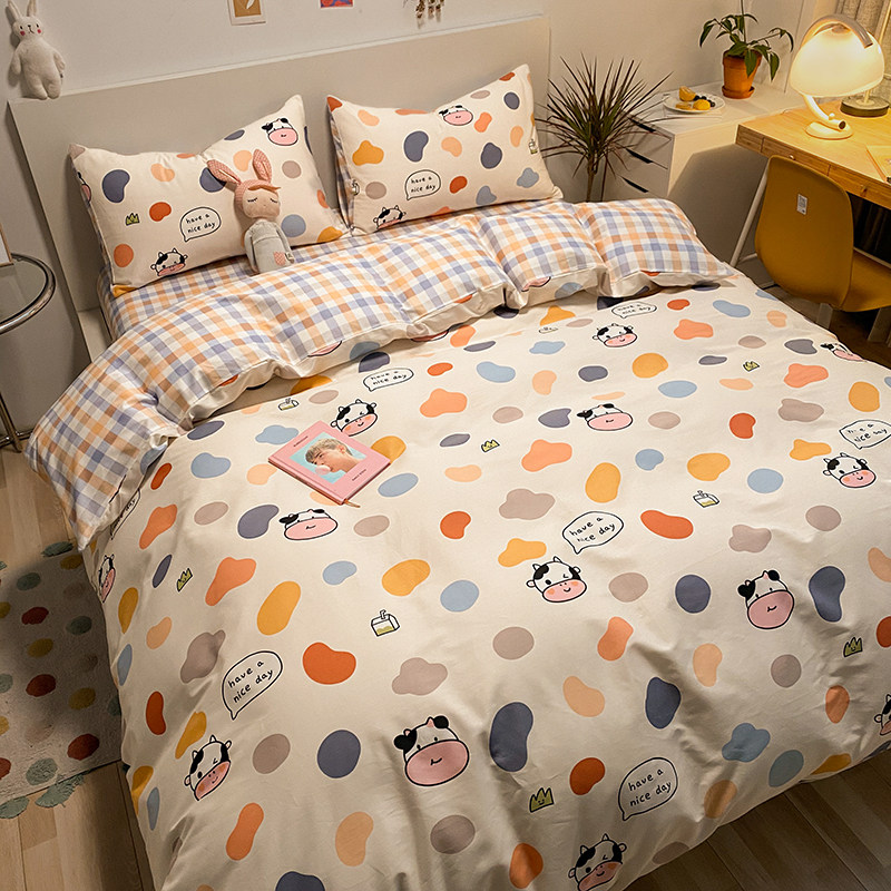 (Home position) Milk cute cow cute cotton 3 four-piece set single double bed single quilt cover TY