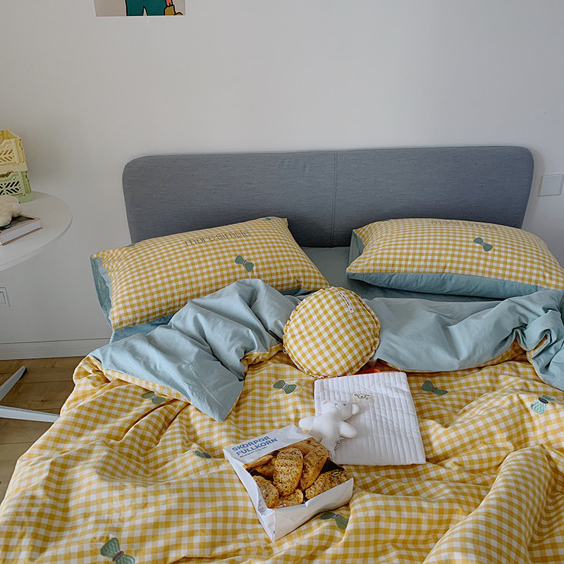 (home pose) sweet and bright yellow color textured pure cotton double bed product 1 5m 1 8m sheet quilt cover kit LD