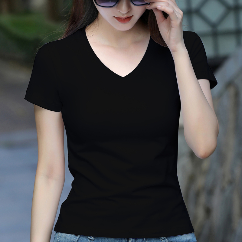 Black V-Neck Short-Sleeved T-Shirt for Women 2026 Summer New Slim Fit Pure Cotton T-Shirt with Regular Shoulders and Solid Color Base Shirt Black V-Neck Short-Sleeved T-Shirt for Women 2026 Summer New Slim Fit Pure Cotton T-Shirt with Regular Shoulders and Solid Color Base Shirt