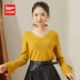 IEF / 爱 2017 mùa thu mới thời trang hoang dã tay áo cổ chữ V tay áo len dệt kim phiên bản Hàn Quốc của áo sơ mi nữ đáy