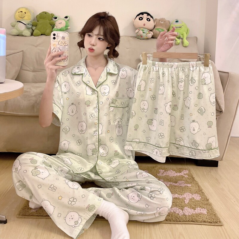 Self-Deprecating Bear Ice Silk Pajamas for Women, Summer Short-Sleeved Long Pants Three-Piece Set, Summer Mint Green Cartoon Loungewear Set