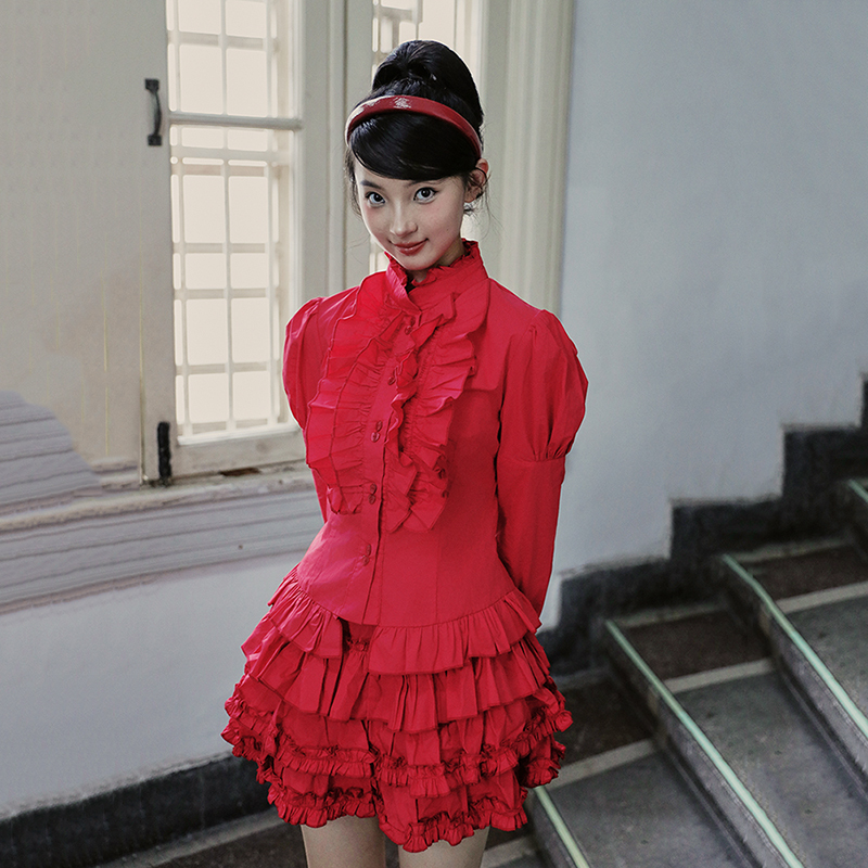 Nanjunge Gothic Retro Lace Lantern Sleeve Niche Design Shirt Cake Skirt Red Suit Subculture Halloween