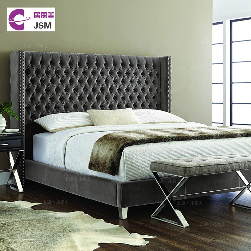 JSM Nordic simple velvet fabric pull button high back bed American modern villa apartment 1 8 double wedding bed